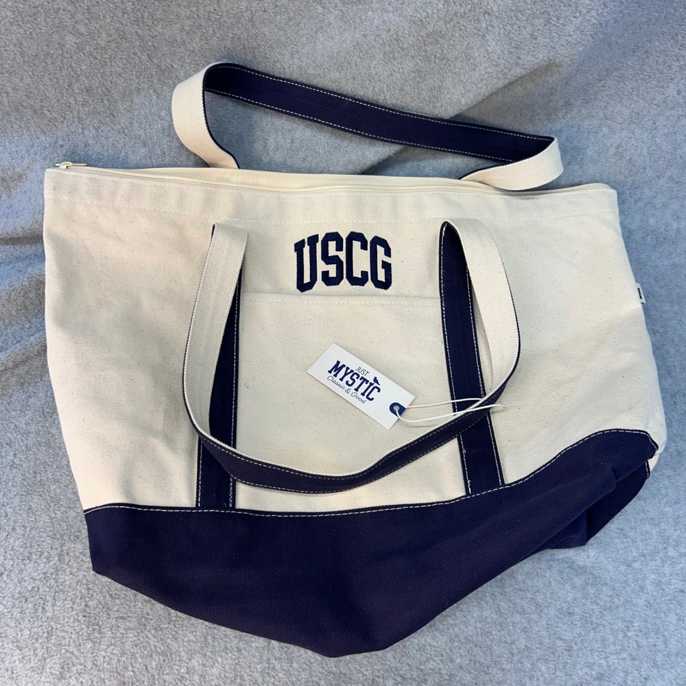 USCG Unisex Cream Navy Just Mystic Canvas Boat Tote Bag Embroidered Large 20x14